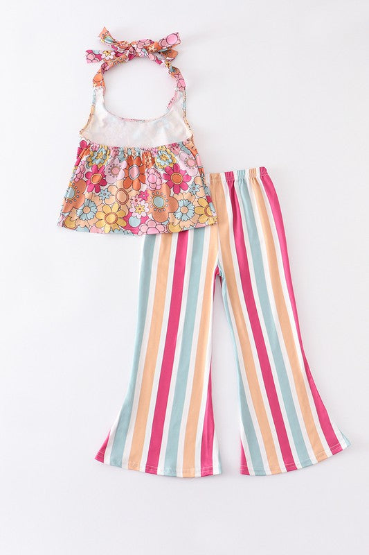 Floral print stripe girl bell pant set