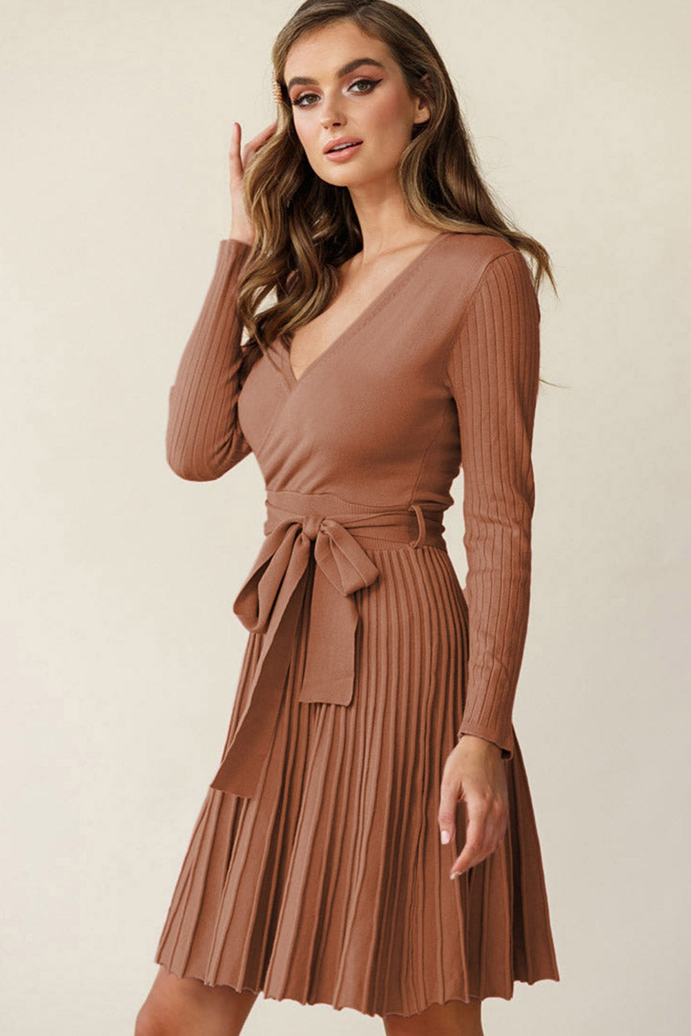 Dress - V Neck Pleated Gray