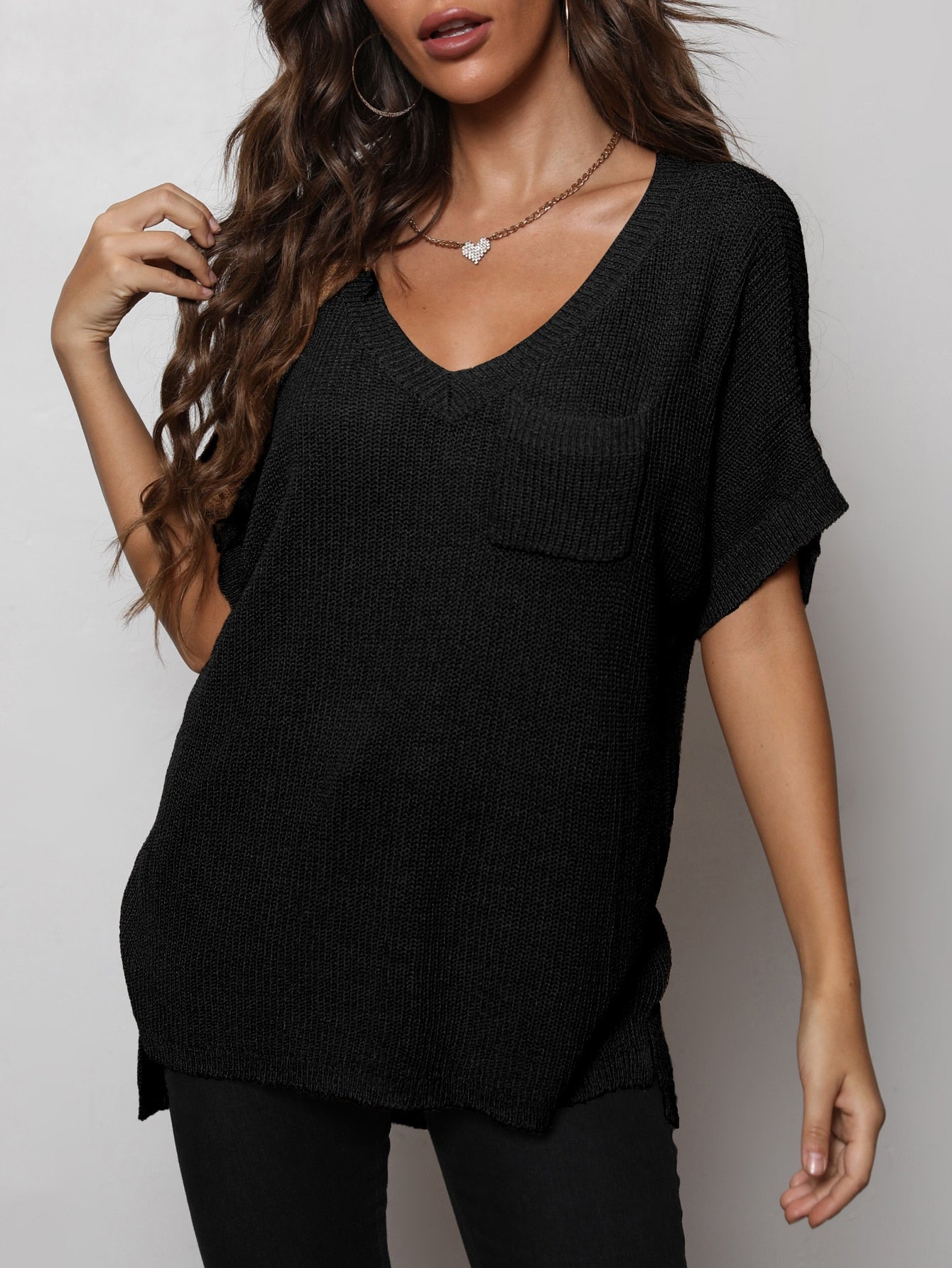 Top - V-Neck Slit High-Low Knit