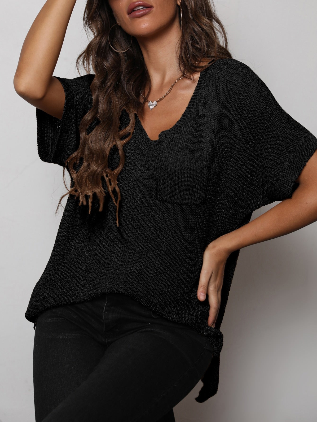 Top - V-Neck Slit High-Low Knit