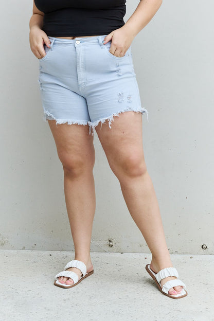 RISEN High Waisted Distressed Shorts in Ice Blue