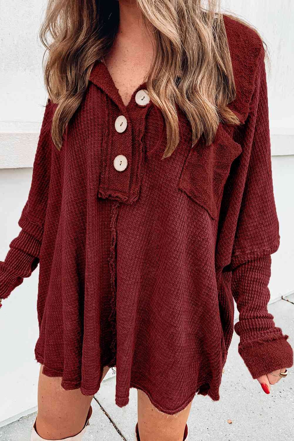Sweater - Long Waffle Knit Buttoned