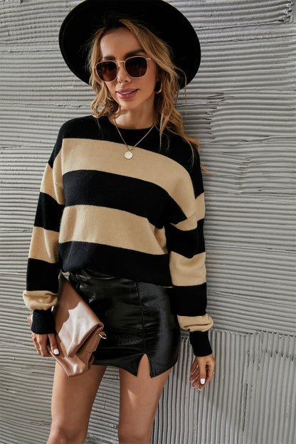 Sweater - Two-Tone Round Neck Dropped Shoulder
