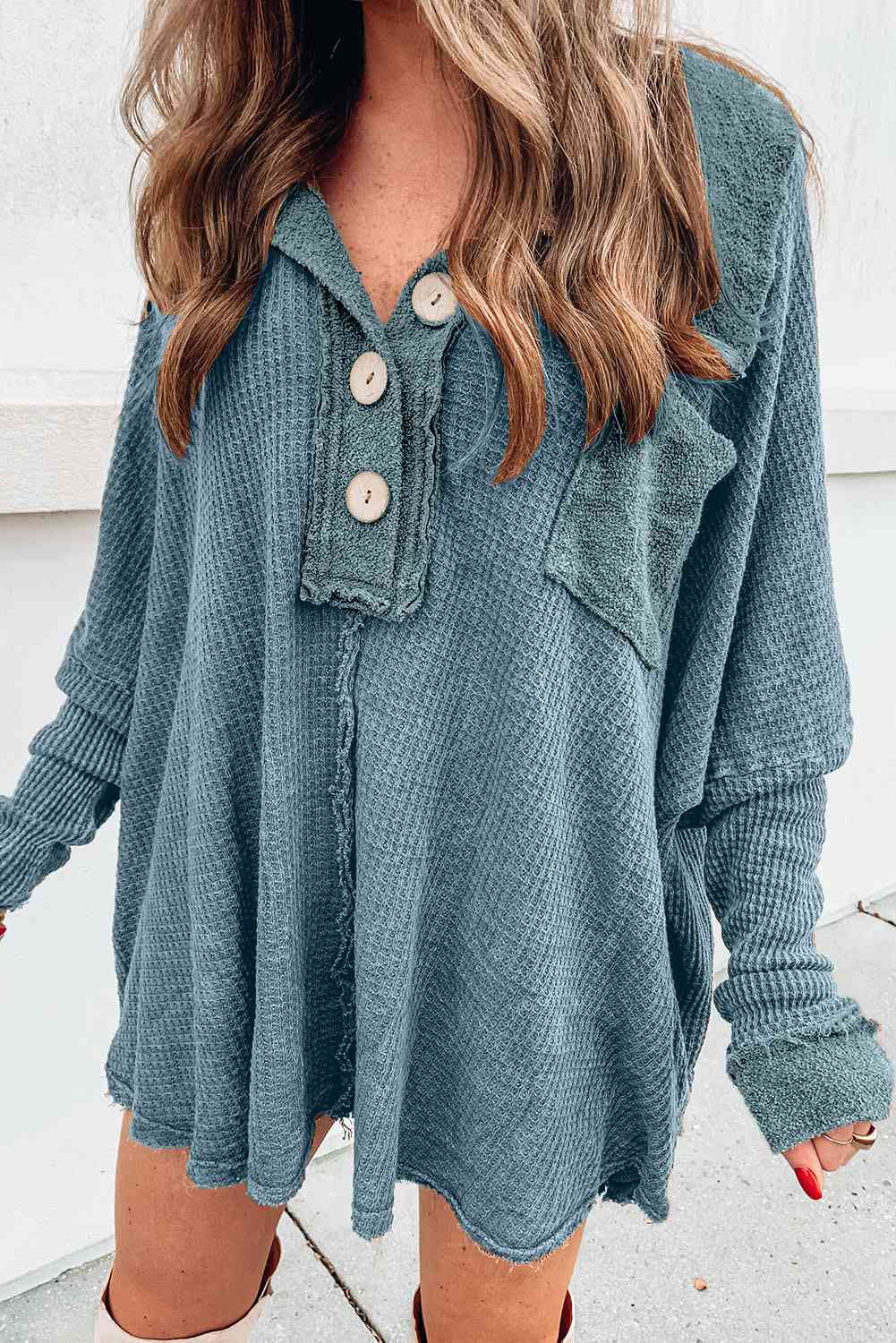 Sweater - Long Waffle Knit Buttoned