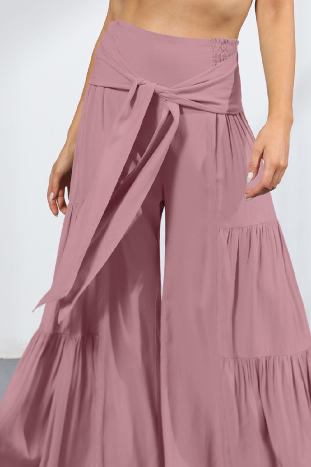 Pants - Tie Front Smocked Tiered Culottes