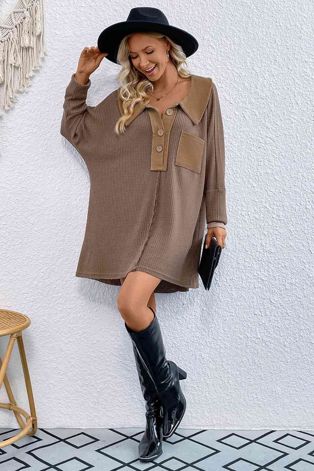 Sweater - Long Waffle Knit Buttoned