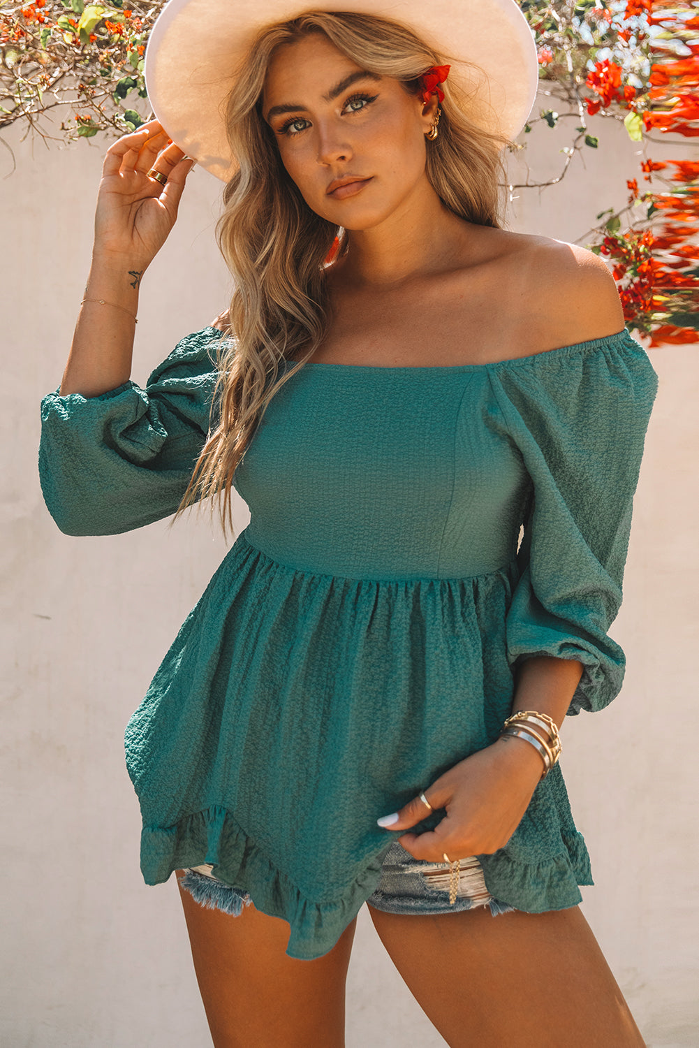 Blouse - Smocked Three-Quarter Sleeve Peplum