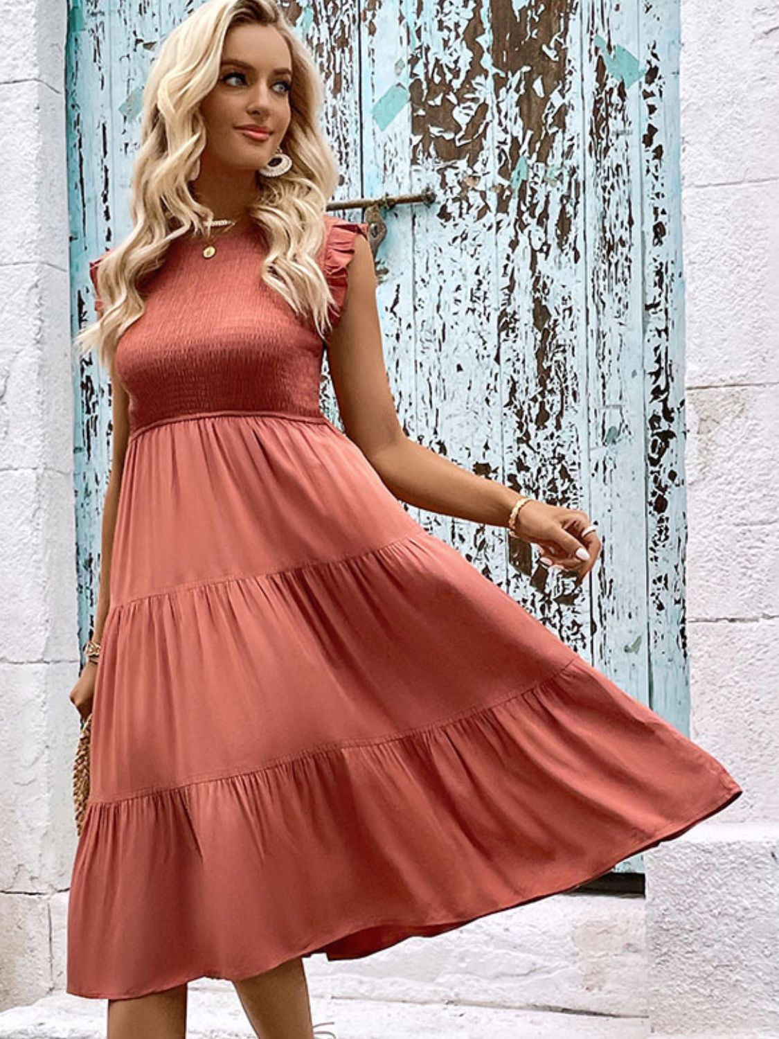 Dress - Smocked Round Neck Tiered