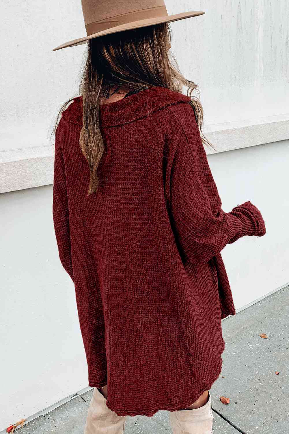 Sweater - Long Waffle Knit Buttoned