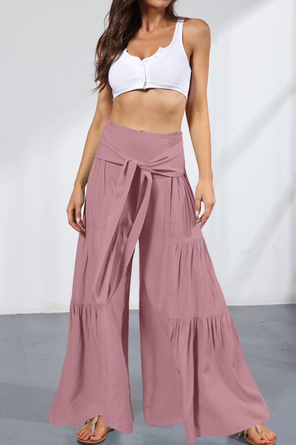 Pants - Tie Front Smocked Tiered Culottes