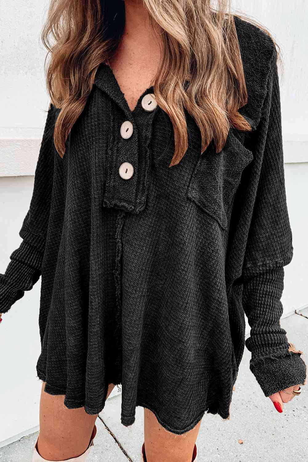 Sweater - Long Waffle Knit Buttoned