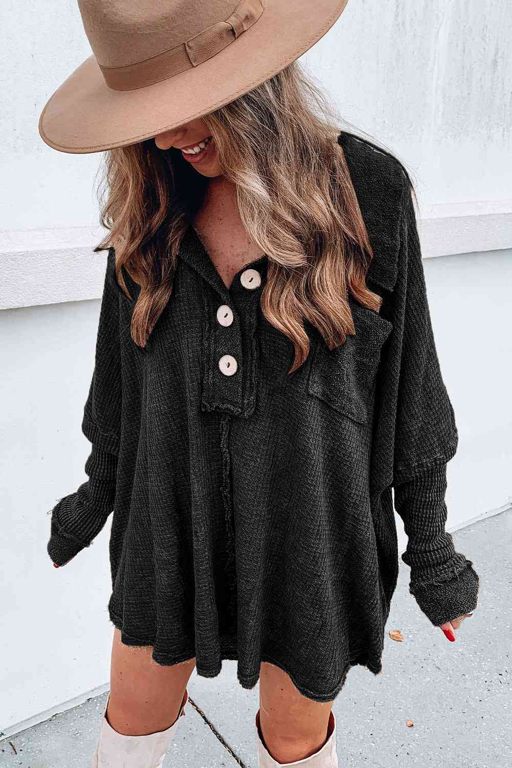 Sweater - Long Waffle Knit Buttoned