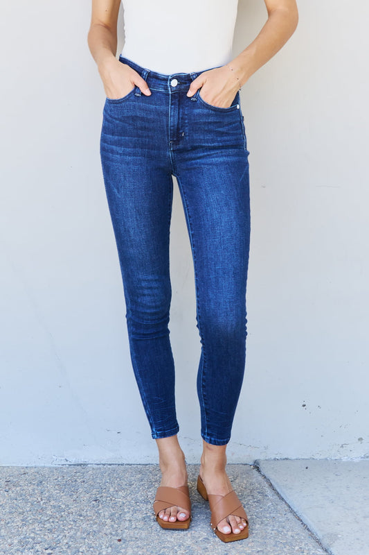 Judy Blue Mid Rise Crinkle Ankle Detail Skinny Jeans