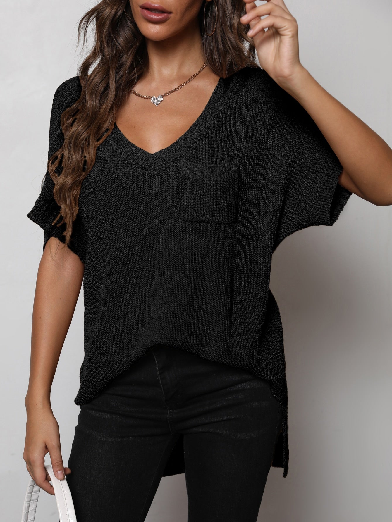 Top - V-Neck Slit High-Low Knit