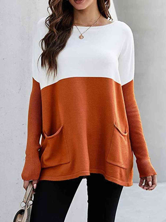Sweater - Two Tone Pullover  with Pockets