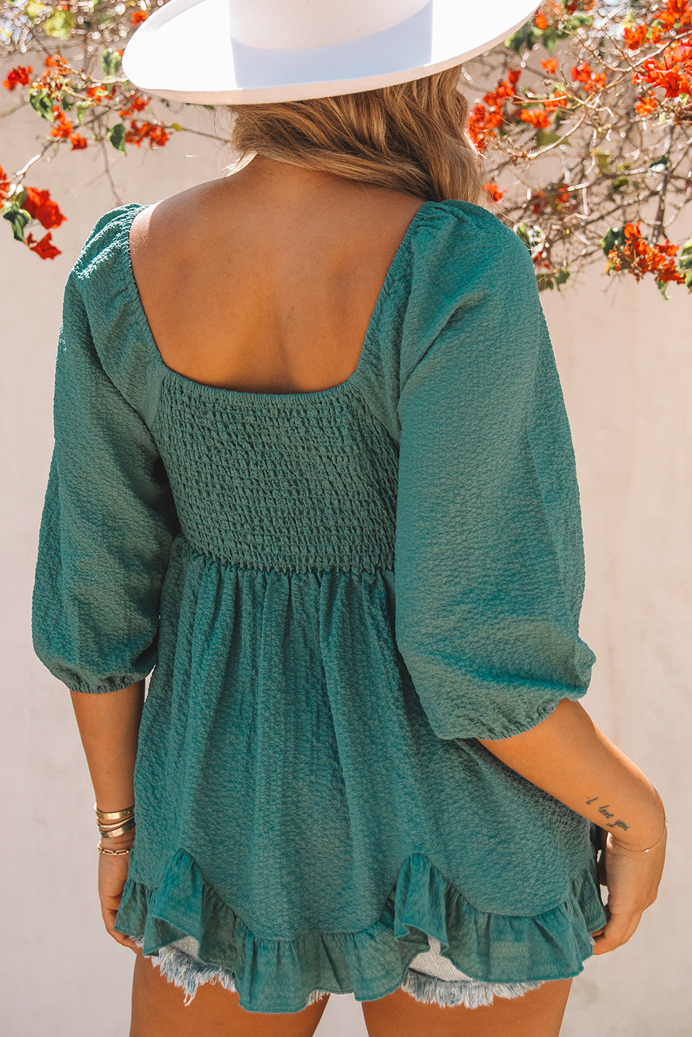 Blouse - Smocked Three-Quarter Sleeve Peplum