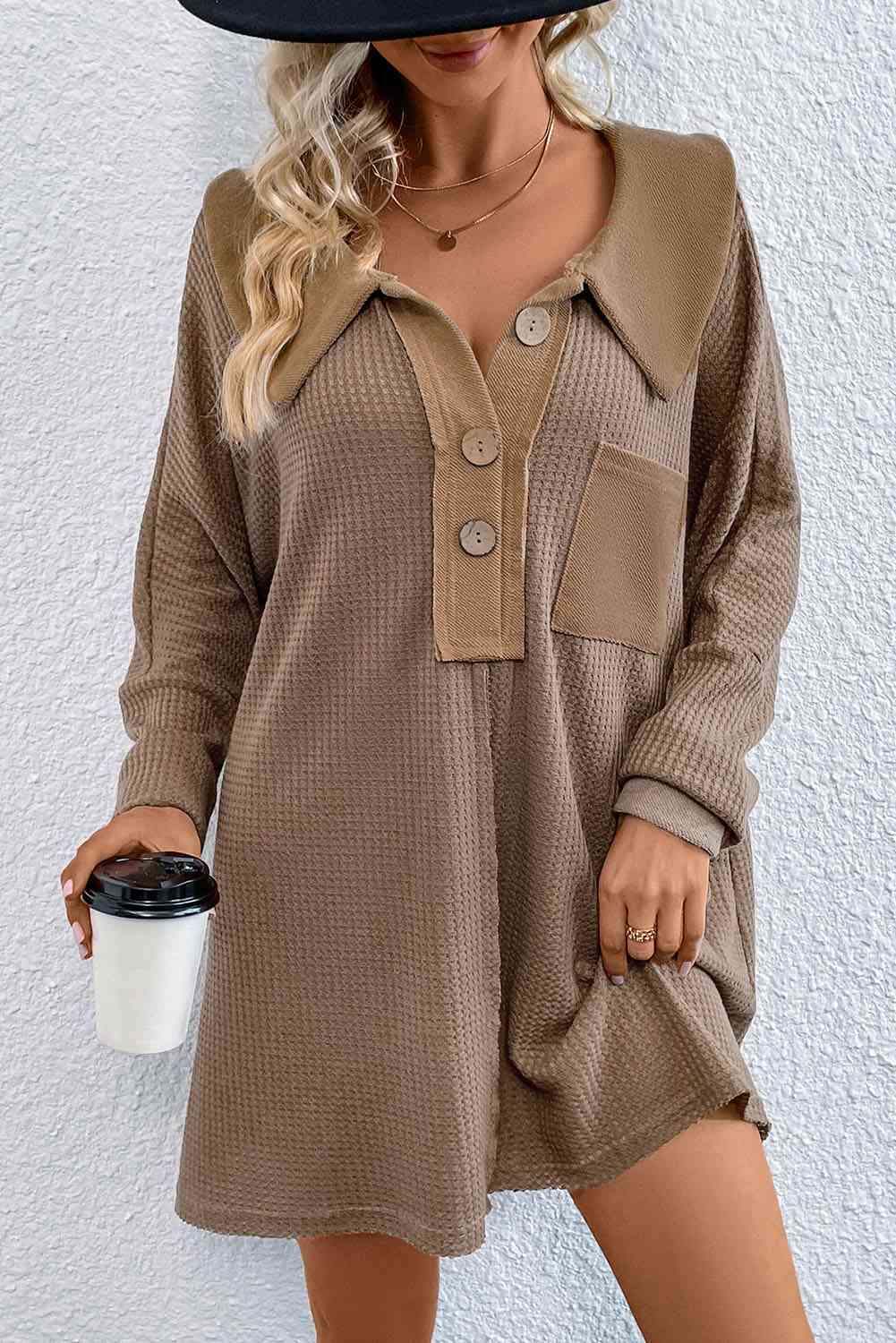 Sweater - Long Waffle Knit Buttoned