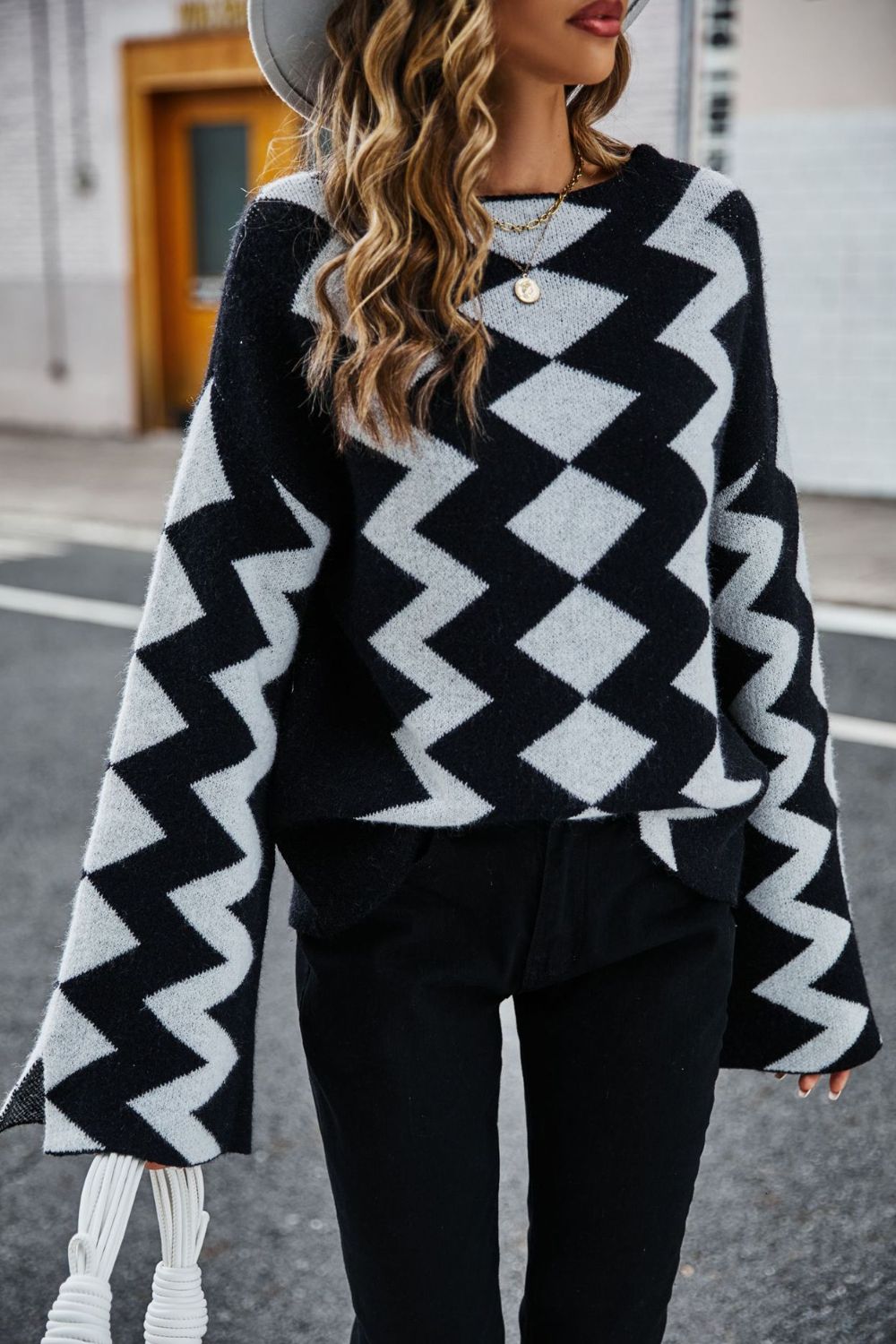 Sweater - Geometric Slit Flare Sleeve
