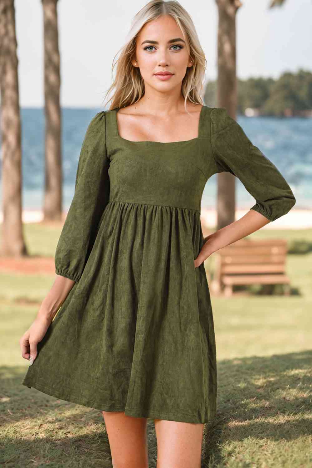 Dress - Square Neck Three-Quater Sleeve