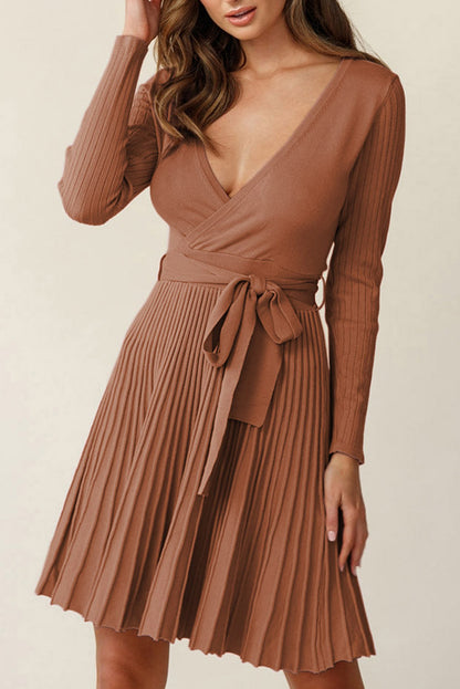 Dress - V Neck Pleated Gray