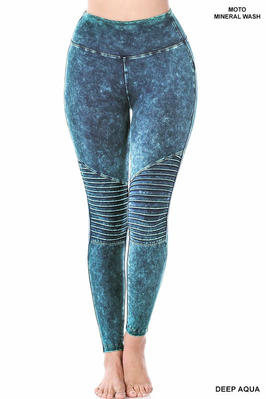 Zenana Mineral Washed Wide Waistband Moto Leggings