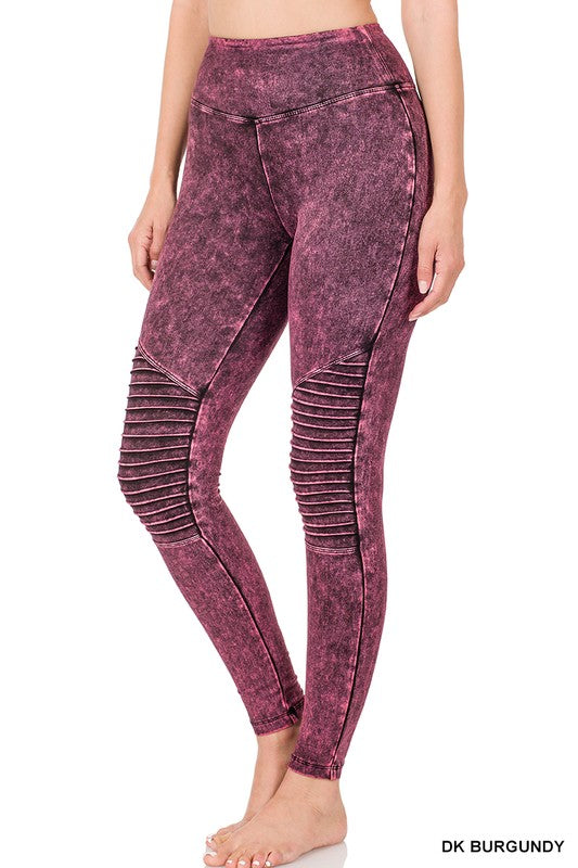 Zenana Mineral Washed Wide Waistband Moto Leggings