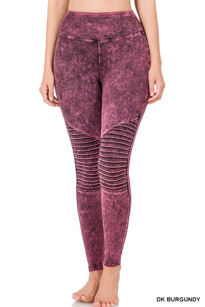 Zenana Mineral Washed Wide Waistband Moto Leggings