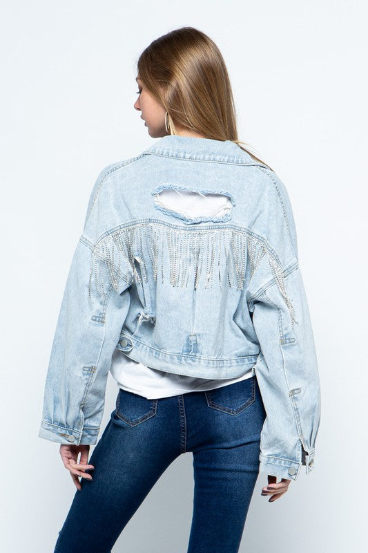 Jacket - "Blue B" Rhinestone Fringe Denim