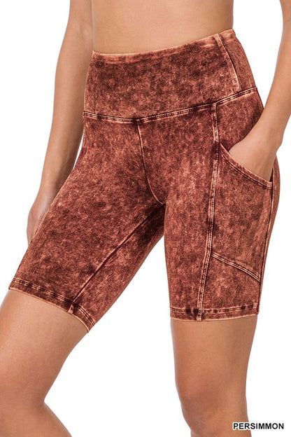 Zenana Mineral Wash Wide Waistband Biker Shorts