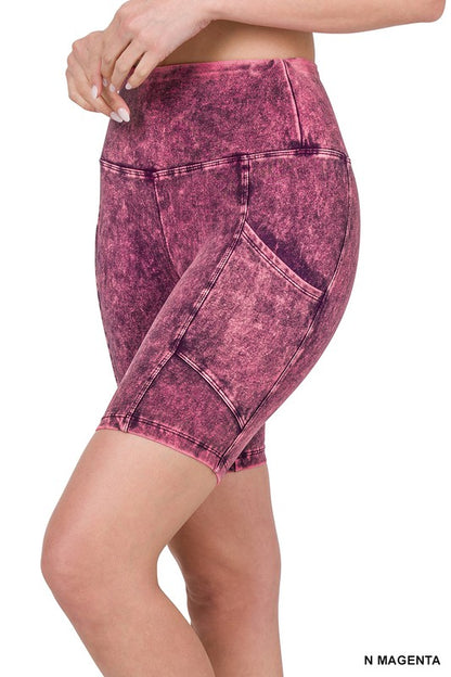 Zenana Mineral Wash Wide Waistband Biker Shorts