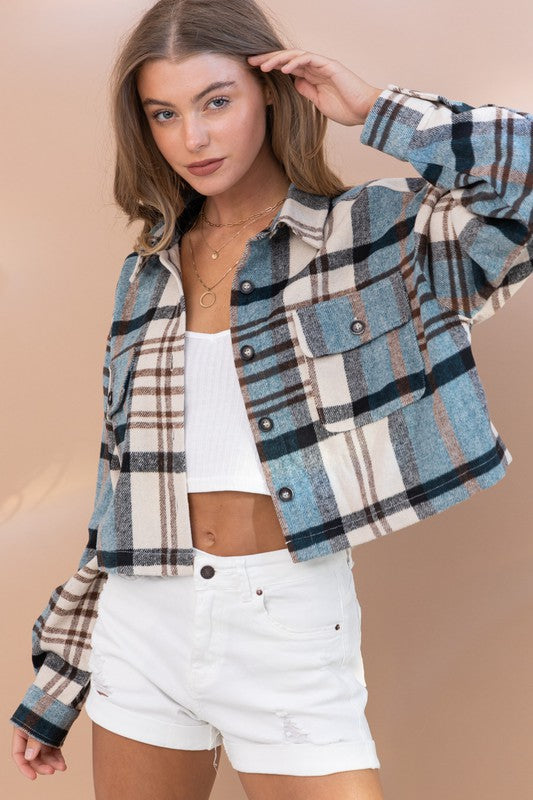 Blue B Plaid Crop Shirt Jacket