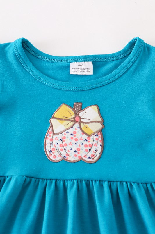 Teal pumpkin applique girl dress