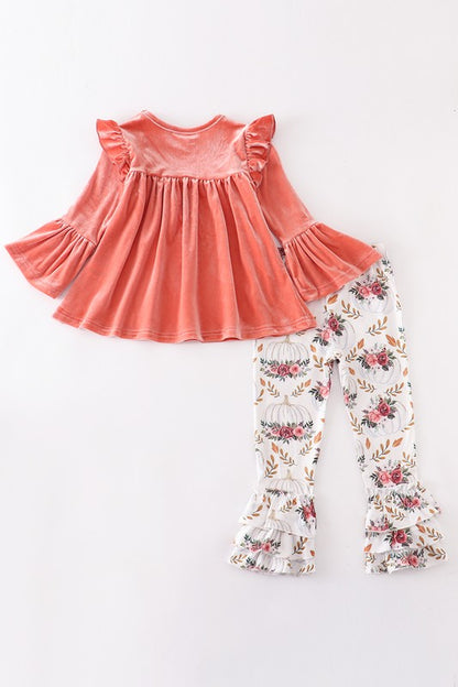 Pumpkin floral velvet ruffle pants set