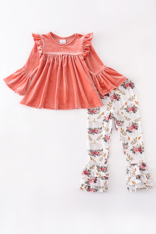 Pumpkin floral velvet ruffle pants set