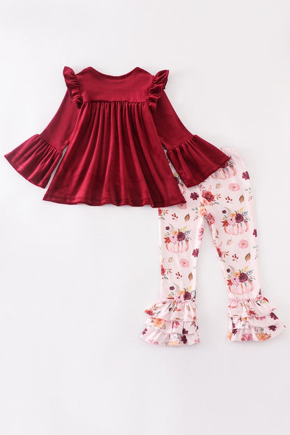 Maroon pumpkin floral velvet bell ruffle set