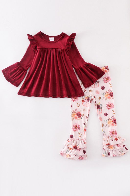 Maroon pumpkin floral velvet bell ruffle set