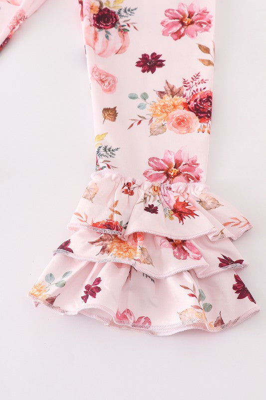 Maroon pumpkin floral velvet bell ruffle set