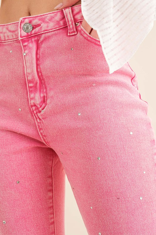 Jeans - "Blue B" Studded Rhinestone Distressed Denim
