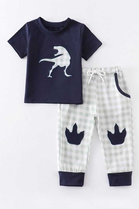 Navy dinosaur applique boy set