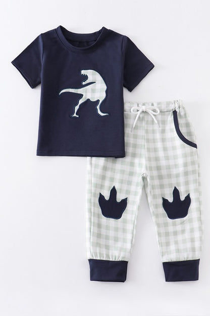 Navy dinosaur applique boy set