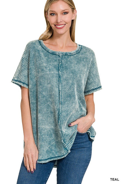 Zenana Washed Waffle Short Sleeve Top