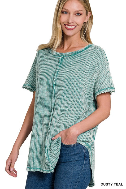 Zenana Washed Waffle Short Sleeve Top