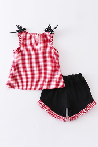 Red french knot charactor plaid girl set