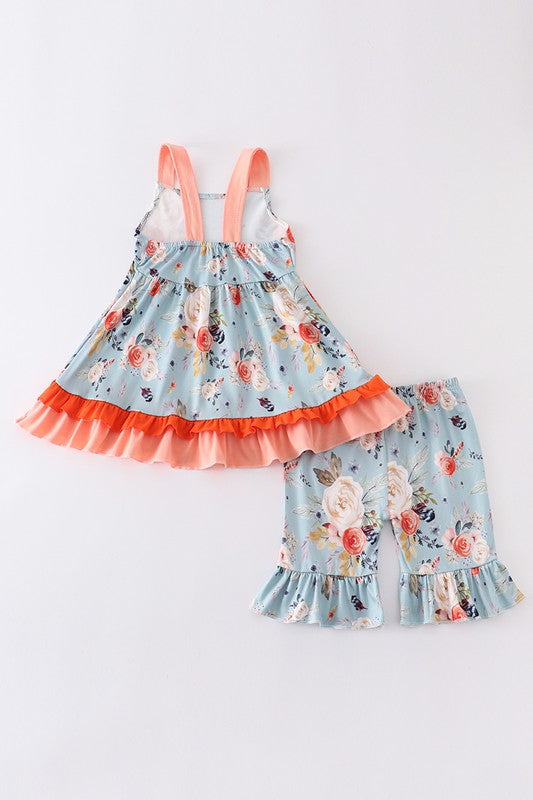 Blue floral print strap ruffle girl set