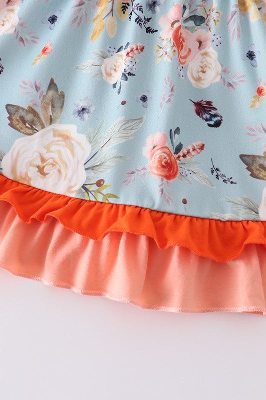 Blue floral print strap ruffle girl set