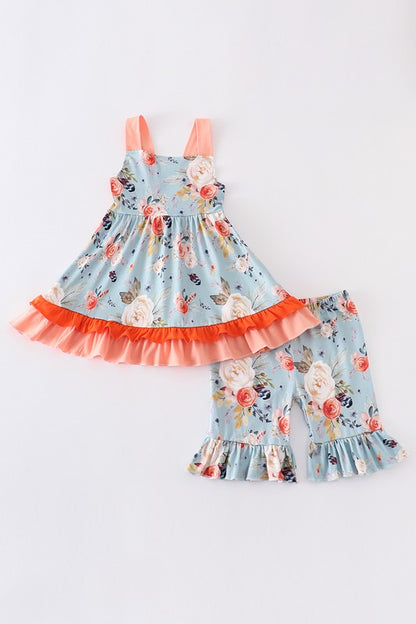 Blue floral print strap ruffle girl set