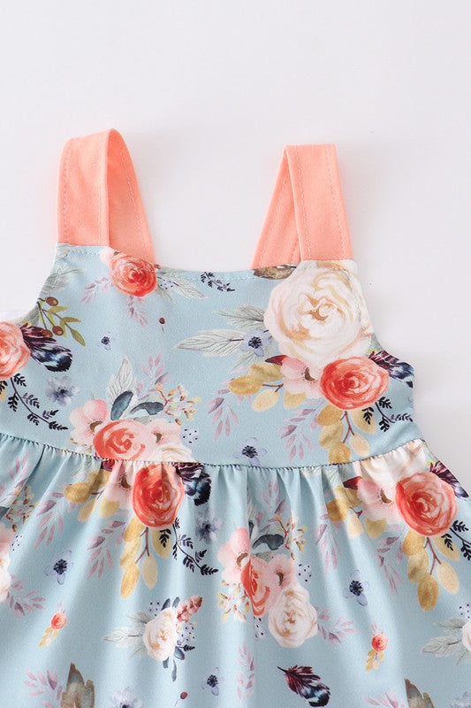 Blue floral print strap ruffle girl set