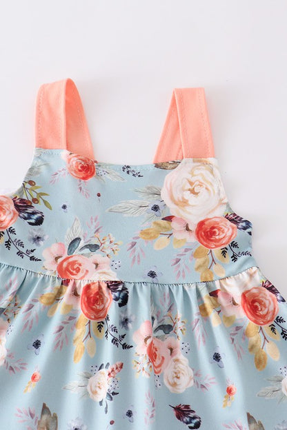 Blue floral print strap ruffle girl set