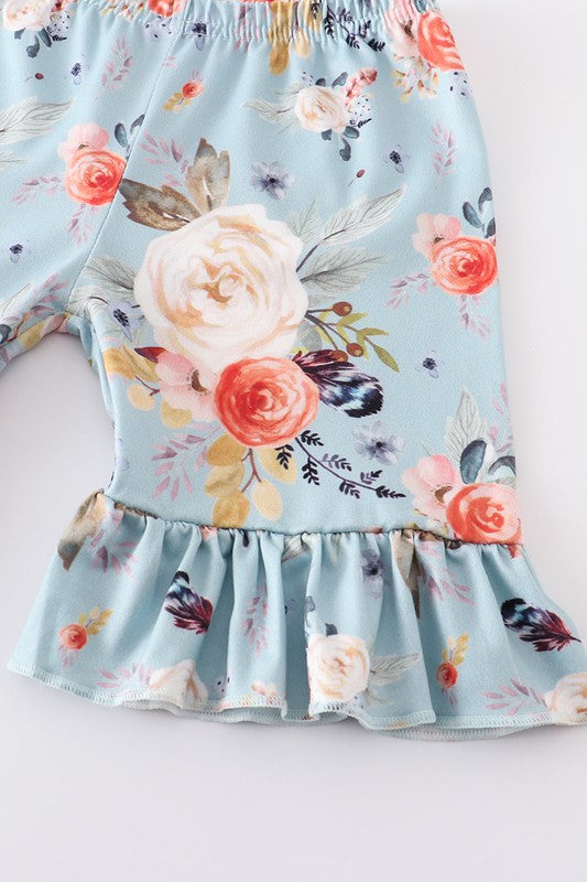 Blue floral print strap ruffle girl set