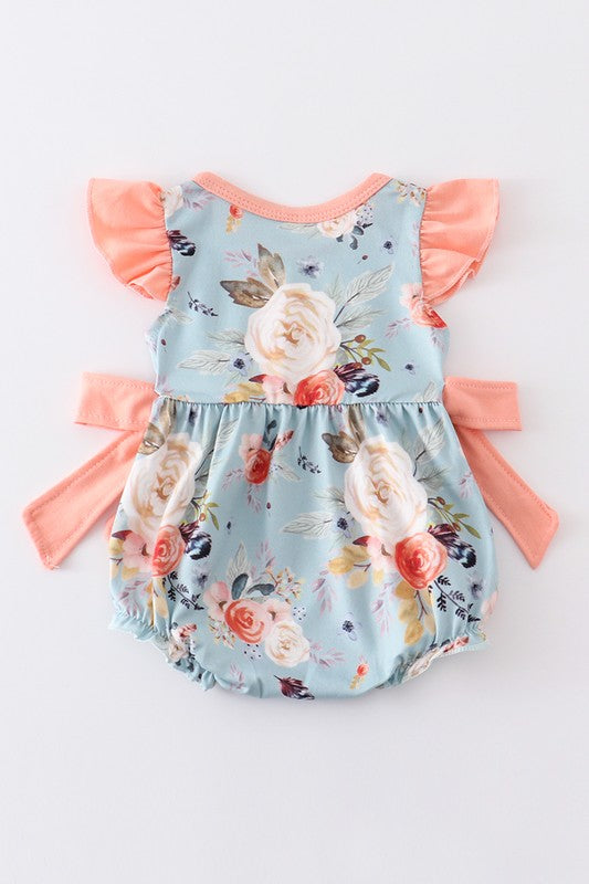 Blue floral print ruffle baby girl bubble